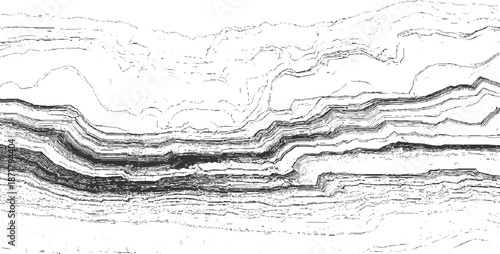 Monochrome abstract background featuring distinct layered geological strata with sharp, defined edges and linear texture details