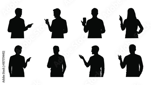 Silhouettes of people in various poses gesturing and communicating actively
