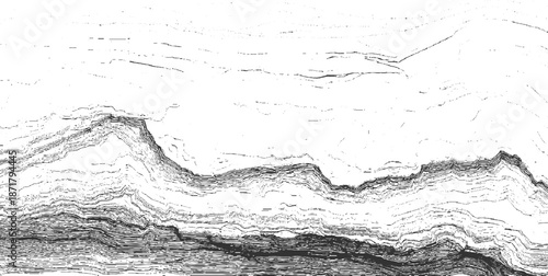 Detailed monochrome abstract background showcasing layered geological formations with intricate linear patterns and sharp edges