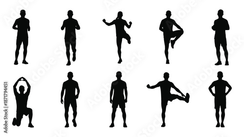 Silhouettes of people demonstrating various fitness poses and active lifestyles