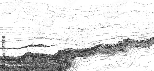 Textured monochrome abstract background with deep layered geological strata and flowing organic lines creating a dramatic visual depth