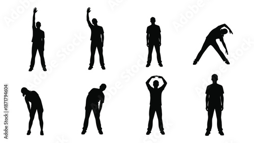 Silhouettes of people performing various stretching and exercise poses