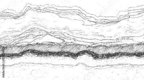 Abstract monochrome layered geological strata with hatched texture in a dark band representing a geological feature