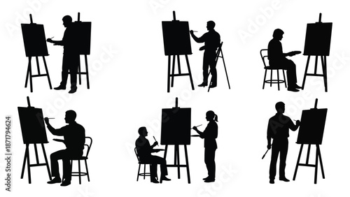 Silhouettes of artists painting at easels a collection of creative figures