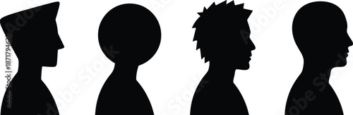 Abstract human profile silhouettes set, diverse head shapes facing side isolated on white background, identity creativity concept illustration stock