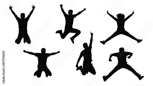 Silhouettes of joyful people jumping and celebrating with arms raised high