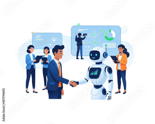 Diverse business team collaborating with AI robot. Businessman shaking hands with cyborg. Future work partnership, automation, artificial intelligence and financial analytics vector illustration.