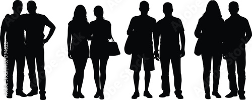 Couples silhouettes standing together in pairs, men and women representing relationships, friendship, togetherness and social connection concept