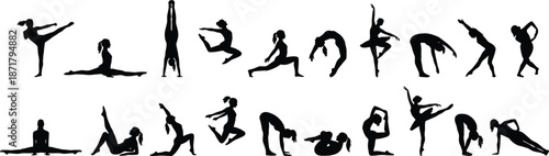 Dancer and gymnast silhouettes set performing energetic poses, flexibility balance strength isolated on white background, fitness sport illustration stock