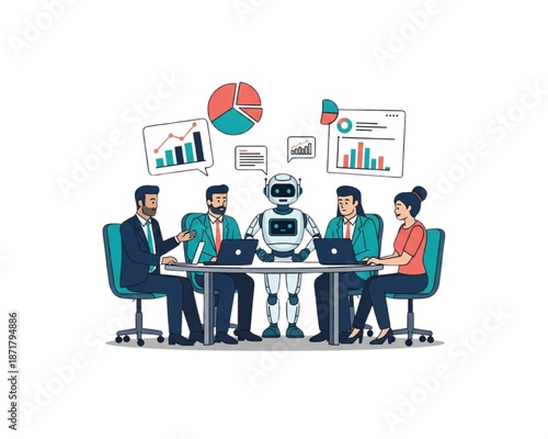 Business team meeting with AI robot at conference table. Diverse coworkers collaborating on data analysis and strategy. Artificial intelligence finance discussion flat vector illustration.