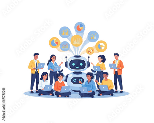 Diverse business team collaborating with friendly AI robot. Coworkers analyzing big data charts using laptops. Artificial intelligence, teamwork and future technology flat vector illustration.