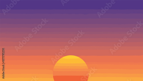 Abstract minimalist sunset vector background featuring a layered sun low on a vibrant purple and orange striped horizon sky.