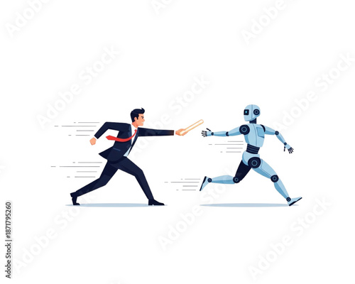 Businessman passing relay baton to AI robot. Human handing over task to artificial intelligence. Business automation and technology transition concept vector illustration.