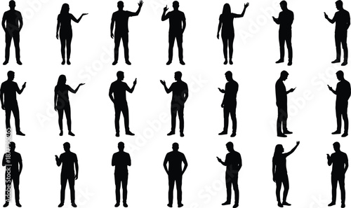 People silhouettes gesturing and using smartphone set, male female communication poses isolated on white background, modern lifestyle illustration stock