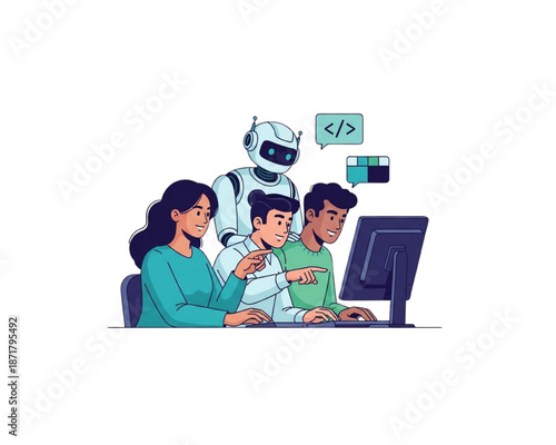 AI coding assistant helping diverse coworkers at computer, robot collaborating with programmers on software development, artificial intelligence pair programming, digital workplace learning illustrati