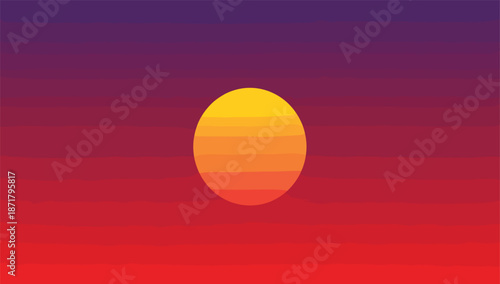 Abstract minimalist sunset vector background with a layered yellow sun centered on a dark purple and red horizontal striped sky.