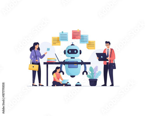 Diverse business team working with AI robot. Coworkers organizing tasks with sticky notes and laptops. Artificial intelligence office collaboration and project planning vector illustration.