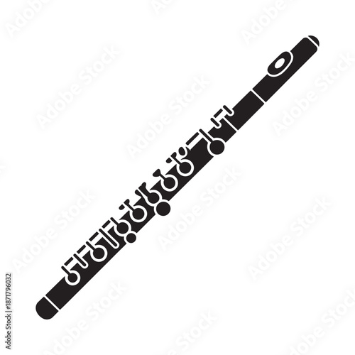 A simple black and white illustration of a wooden flute with keys