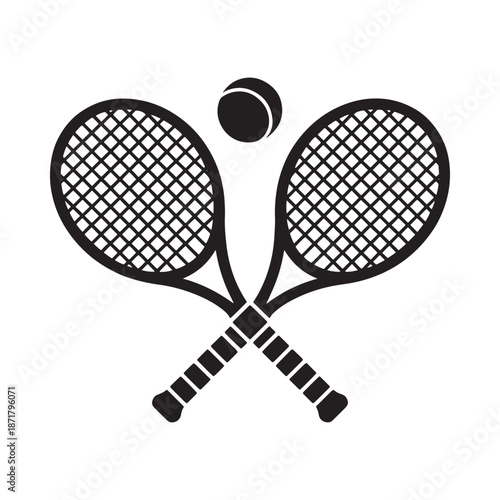 Two crossed tennis rackets with a ball a simple black and white illustration