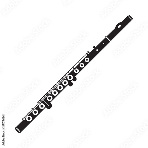 A black and white illustration of a wooden flute with keys