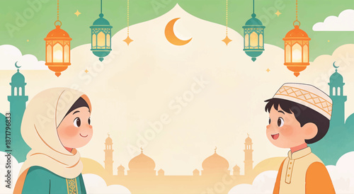 Cute Muslim Children Ramadan Banner with Mosque and Lanterns