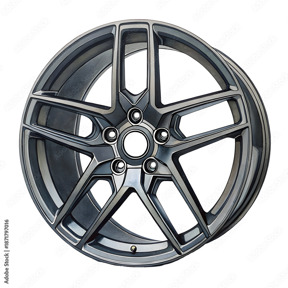 Obraz premium Watercolor Sleek five spoke dark metal car wheel isolated on a transparent background