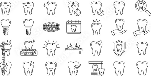 Dental care and tooth health line icons set vector illustrating dentistry treatments, oral hygiene, implants, braces, protection, and healthy smile concepts