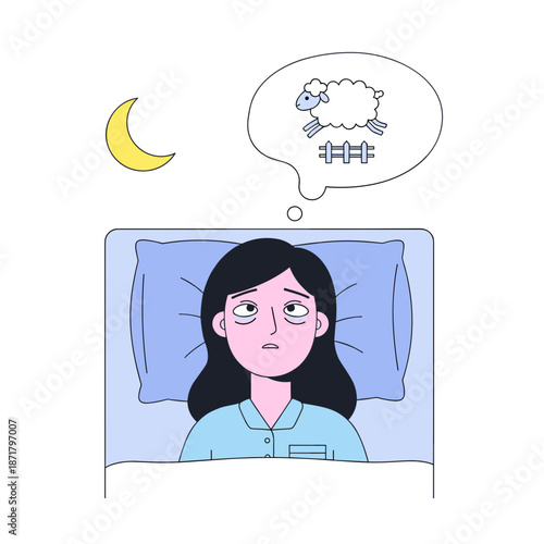 Woman lying in bed unable to sleep while counting sheep in thought