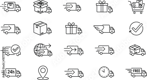 Delivery and shipping line icons set vector illustrating logistics trucks, parcel transport, fast courier service, ecommerce fulfillment, tracking, and express delivery concepts