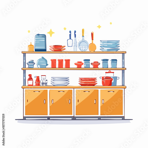 Kitchen storage shelves with various dishes and utensils neatly organized on wooden cabinets