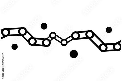 Abstract geometric chain structure with scattered dots, representing a complex, interconnected system or molecule on a plain background