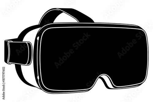 Monochrome illustration of a virtual reality headset, symbolizing futuristic immersion and advanced digital experiences through innovative cyber simulations for interactive exploration