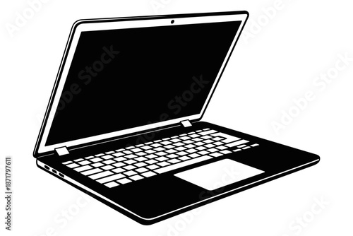 Sleek black and white vector illustration of an open laptop, symbolizing modern technology, digital connectivity, remote work, and efficient information access for professional and personal use
