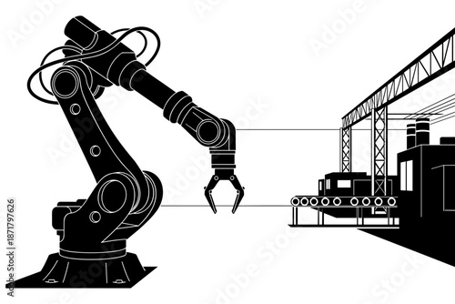 Robotic arm in a factory setting, assisting in an assembly line process with industrial machinery in the background, illustrating automation and manufacturing technology