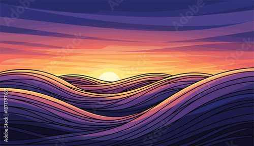 Abstract stylized vector of purple rolling hills landscape at sunset with a glowing yellow sun and fluid wavy outlines.