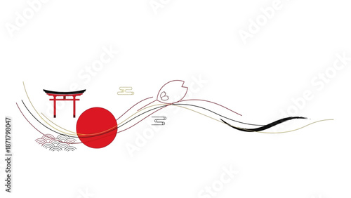 A minimalist illustration of a red circle and torii gate with flowing lines on a white background, celebrating Japan's national foundation day.