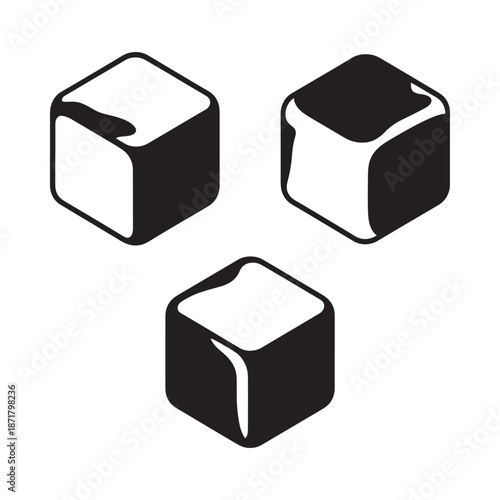 Three black and white cubic shapes arranged on a plain white background