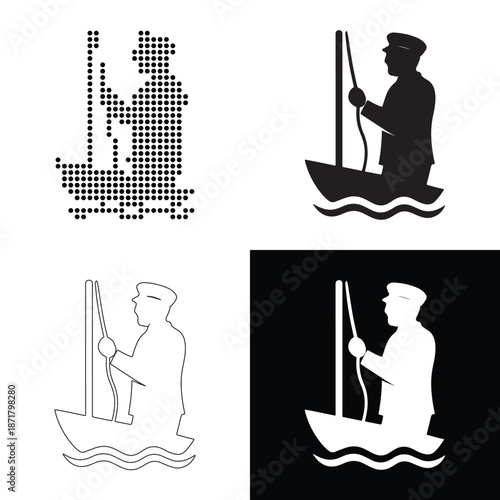 Sailor navigating a small boat with a mast and rope, depicted in various graphic styles.