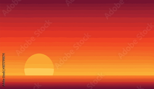 Dramatic abstract sunset vector background with a yellow layered sun on a fiery red burgundy and orange striped horizon sky.