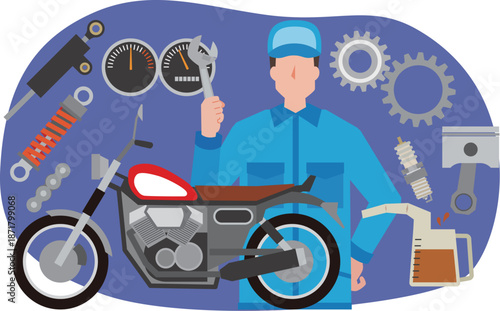 バイクの整備をする男性