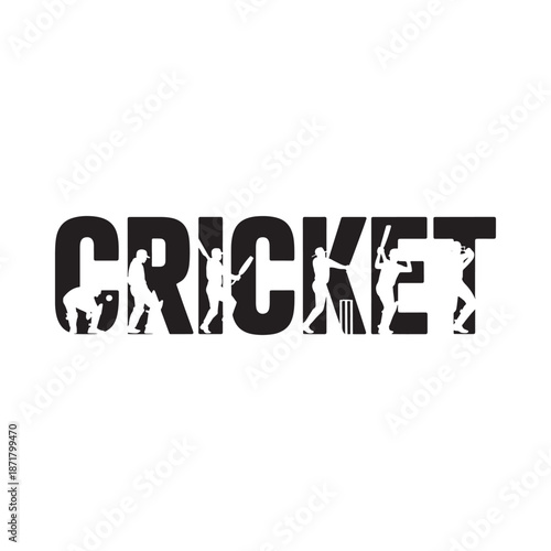 Cricket sport design featuring silhouettes of players within the lettering