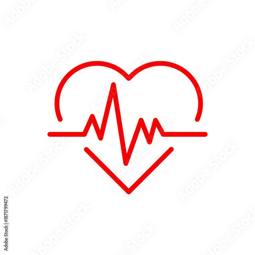 Minimal black and white line drawing of a heart with a heartbeat monitor line inside, symbolizing health, cardiology, medical care, wellness, and life monitoring.