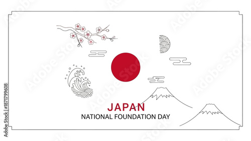 Flat design illustration of Japan National Foundation Day with iconic symbols and landmarks on a white background.