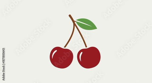 Two red cherries with green leaf.