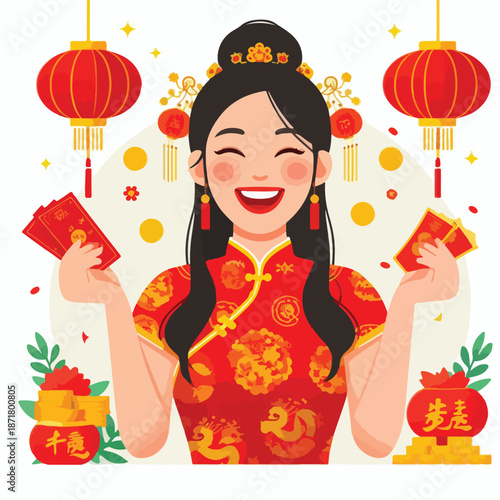 vector happy grandmother holding chinese new year red envelope