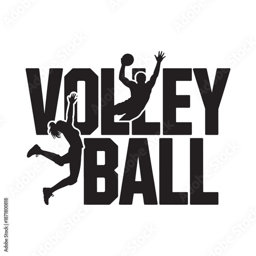 Volleyball players in action with the sport s name prominently displayed
