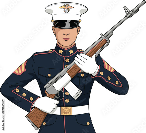 United States Marine Corps ceremonial guard illustration featuring dress uniform soldier holding rifle, patriotic military vector isolated on white background