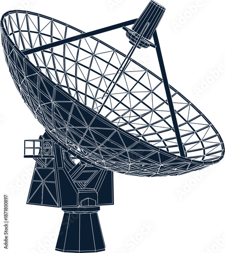 Satellite communication dish illustration showing radio telescope antenna structure, wireless signal transmission, space technology and telecommunications concept vector isolated on white background