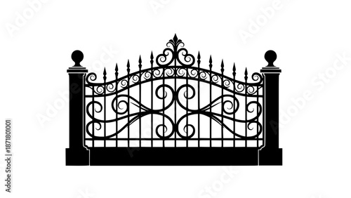 Luxury ornamental wrought iron estate gate vector icon with elegant scrollwork, arched top, and solid pillars. Black silhouette illustration isolated on white background, perfect for premium entrances