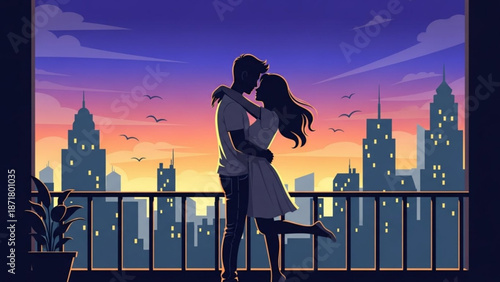 Couple Embracing on Balcony at Sunset with City Skyline